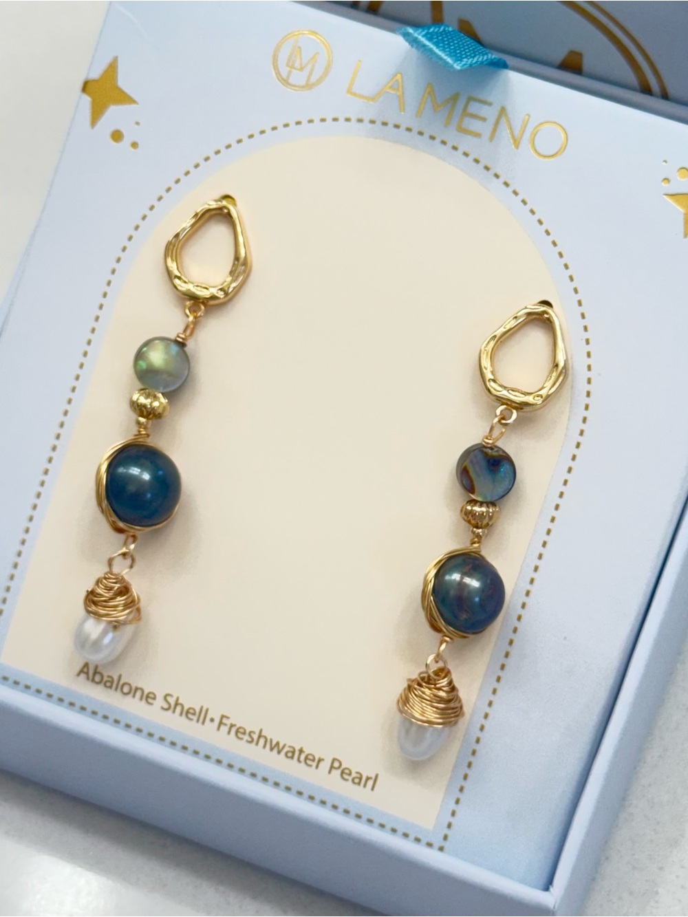 La Meno Gold-Tone Drop Earrings with Blue Abalone Shell and Pearl NIB